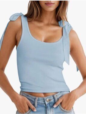 French Connection Bow Strap Ribbed Tank Top • Light Blue • Size M (NWT)